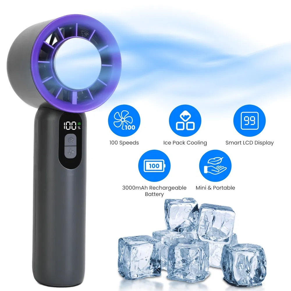 100-Speed Rechargeable Handheld Fan with Ice Cooler
